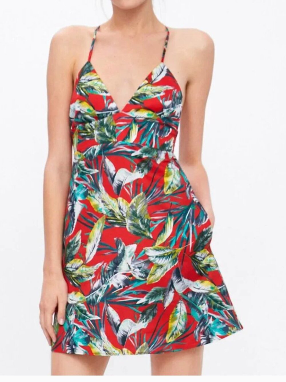 Zara V Neck A Line Mini Dress Red with Tropical Leaf Print - size S